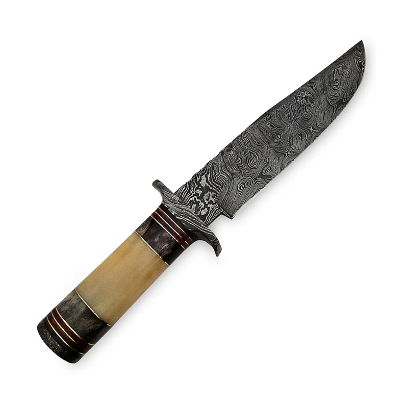 Damascus Fixed Blade Hunting Knife Large Bowie Camping Knife.
